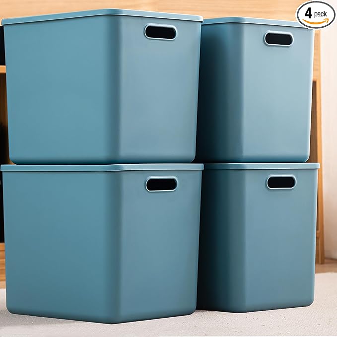 GUMEIGODA Plastic Storage Bins with lids,Storage Baskets,Container with handle,Storage Organizer Bins for Shelves,Office,Bedrooms,Closets, Cabinets(Blue, 4XL)