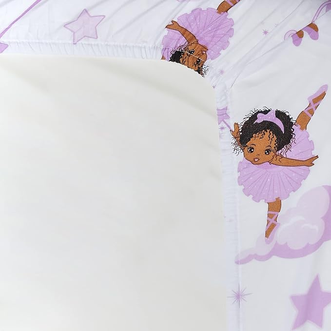 EVERYDAY KIDS 4 Piece Toddler Bedding Set – African American Ballerina - Includes Comforter, Flat Sheet, Fitted Sheet and Reversible Pillowcase – Girls Toddler Bedding
