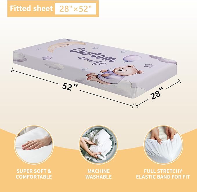 Custom Baby Bedding Set, 3 Pcs Personalized Name Crib Bedding Set for Nursery, Soft Double Layer Baby Crib Set for Boys Girls, Customized Gifts for New Parents Infants Toddlers, Purple Bear