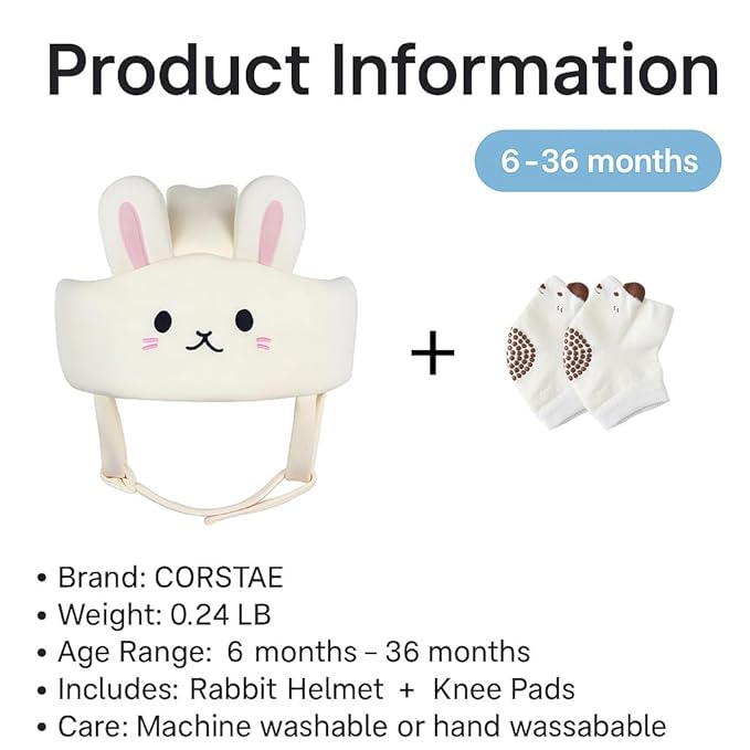Baby Helmet for Crawling Walking – Soft and Lightweight Baby Head Protector with Adjustable Straps, 360° Protection for Toddlers, Cute Bunny Ears Design, Perfect Baby Fall Back Head Protector