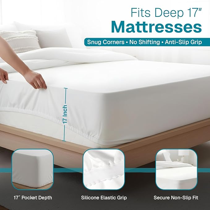 FABDREAMS Organic Waterproof Mattress Protector Queen Size|Queen Mattress Cover| Size Mattress Encasement| Fits up to 17" Deep Pocket|Temperature Regulating | Breathable| White