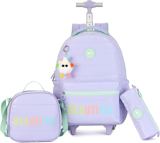 kingdisen Large Rolling laptop Backpack Set with Lunch Bag, Kids Backpack for school girls kids with Wheels (BEAUTIFUL PURPLE)