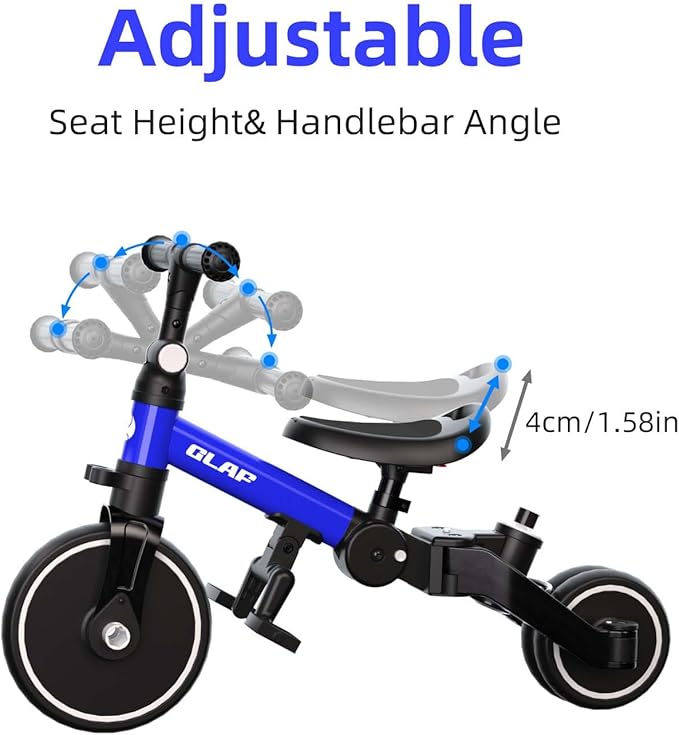 Glaf Tricycle for Toddlers 1-3 Toddler Bike with Push Handle 2-4 Years Baby Bike Toy for 1 Year Old Boys and Girls Balance Bike with Removable Pedal, Backrest, Adjustable Seat, Gifts (Blue)