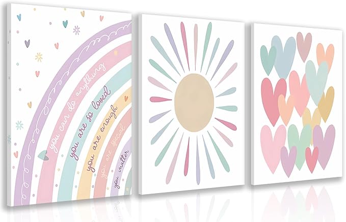 LLEEMPI Framed Pink Heart Sun Rainbow Wall Art Set of 3, Baby Room Wall Decor, Boho Rainbow Nursery Canvas Painting, Classic Minimalist Poster Prints for Bedroom Bathroom Classroom 16x24 Inch
