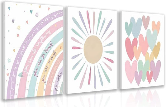 LLEEMPI Framed Pink Heart Sun Rainbow Wall Art Set of 3, Baby Room Wall Decor, Boho Rainbow Nursery Canvas Painting, Classic Minimalist Poster Prints for Bedroom Bathroom Classroom 16x24 Inch