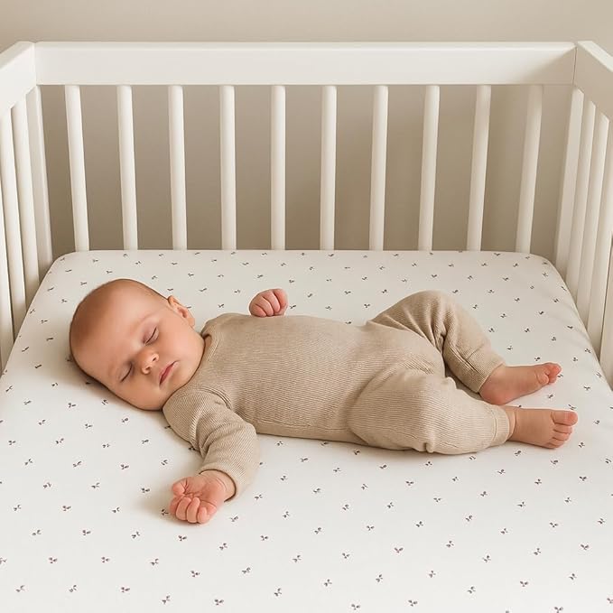 Ely's & Co. Patent Pending Waterproof Crib Sheets, 100% Cotton with Waterproof Lining - Built in Mattress Protector, 2 Pack Fitted Crib Sheet Set, Berry and Cluster Dot (Lavender) 28” x 52”