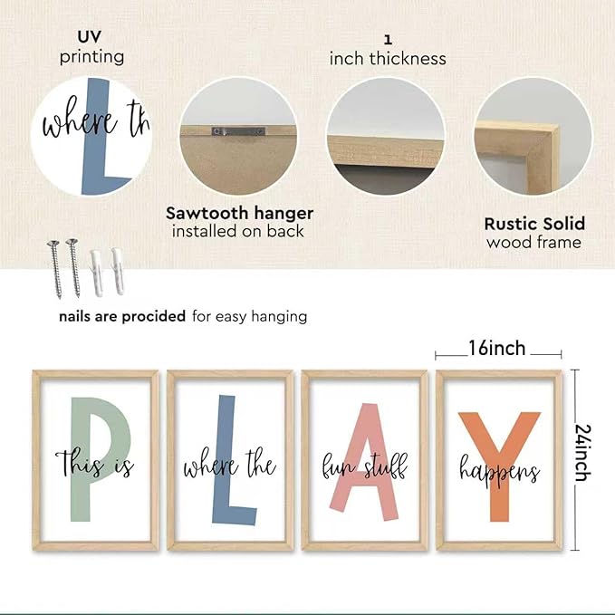 YWJKWLGS This Is Where The Fun Stuff Happens Kids Playroom Wall Decor 16"x24" Set of 4 Nursery Interesting Modren Wood Framed Let's Play Prints Sign for Boy Toddler Children Wall Hanging Art (Wood)