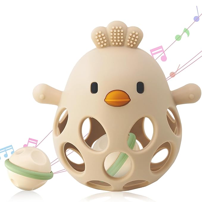 2-in-1 Baby Teething Rattle Toy, Sensory Grasping Teether for Infants 3-12 Months, 100% Food-Grade Silicone, Easy to Hold, Soothing & Developmental, BPA Free