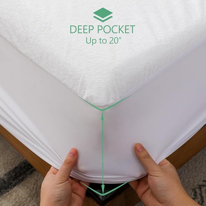 King Size Waterproof Mattress Cover, Premium Terry Top Mattress Cover, Breathable, Noiseless, Cooing & Machine-Washable Bed Cover with 21" Deep Pocket