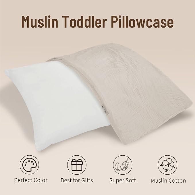 Toddler Pillowcases for 13"x18" Pillow 2 Pack, Muslin Small Toddler Baby Kids Travel Pillow Covers for Boys Girls with Envelope Closure (Beige & Pale Yellow, 13 x 18 Inch)
