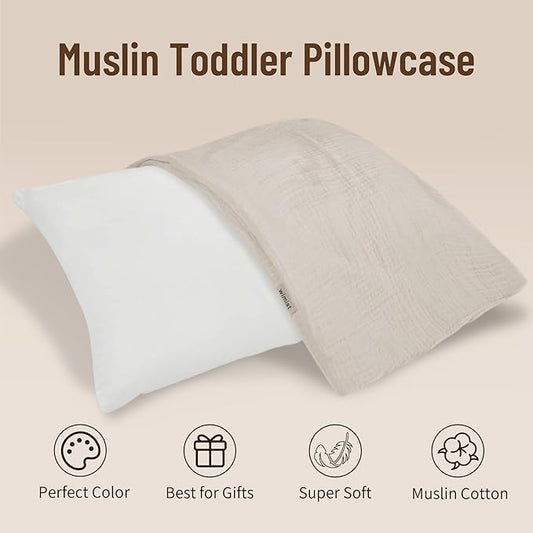 Toddler Pillowcases for 13"x18" Pillow 2 Pack, Muslin Small Toddler Baby Kids Travel Pillow Covers for Boys Girls with Envelope Closure (Beige & Pale Yellow, 13 x 18 Inch)