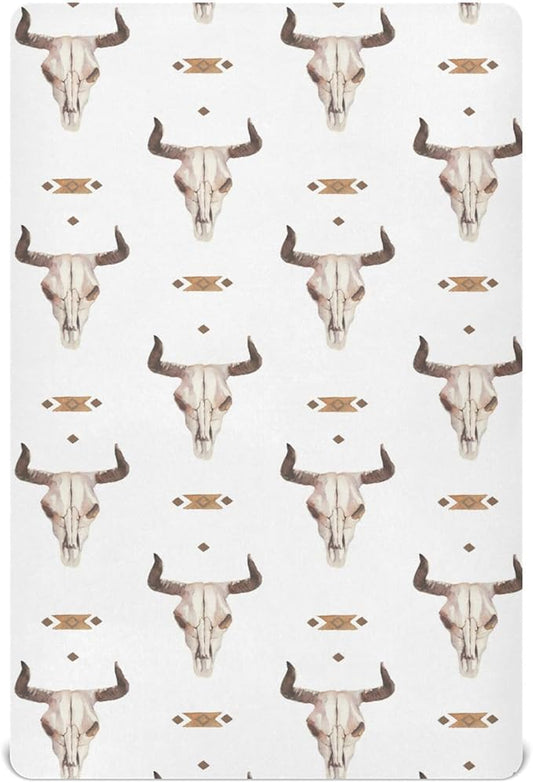 Western Bull Skull Crib Sheets Soft Breathable Fitted Baby Crib Sheets Mattress Cover for Girl Boys, 52" x 28" x 9"