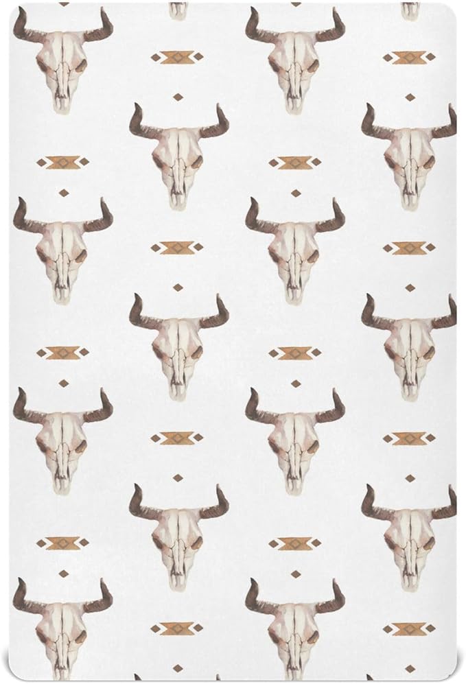 Western Bull Skull Crib Sheets Soft Breathable Fitted Baby Playard Sheets Mattress Cover for Girl Boys, 39" x 27" x 5"