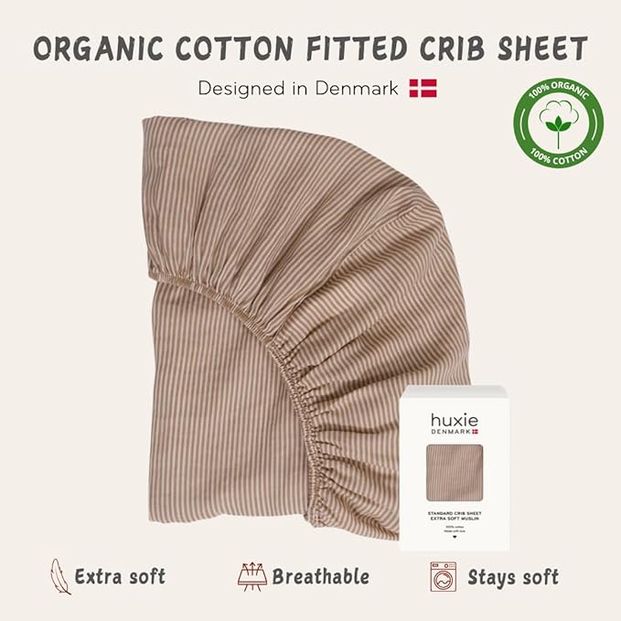 Crib Sheets – Organic Cotton Muslin Fitted Crib Sheet – Standard Size for Baby Boy and Baby Girl 28" x 52" Ultra-Soft and Breathable. (Natural Stripe)