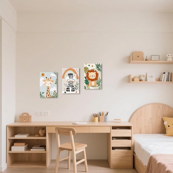 LZIMU Nursery Animal Canvas Wall Art 3 Pieces Cute Animal Baby Picture Prints Woodland Nursery Painting for Kids Boy Girls Room Decor Framed (Beige, 16x24inchx3 Pieces)
