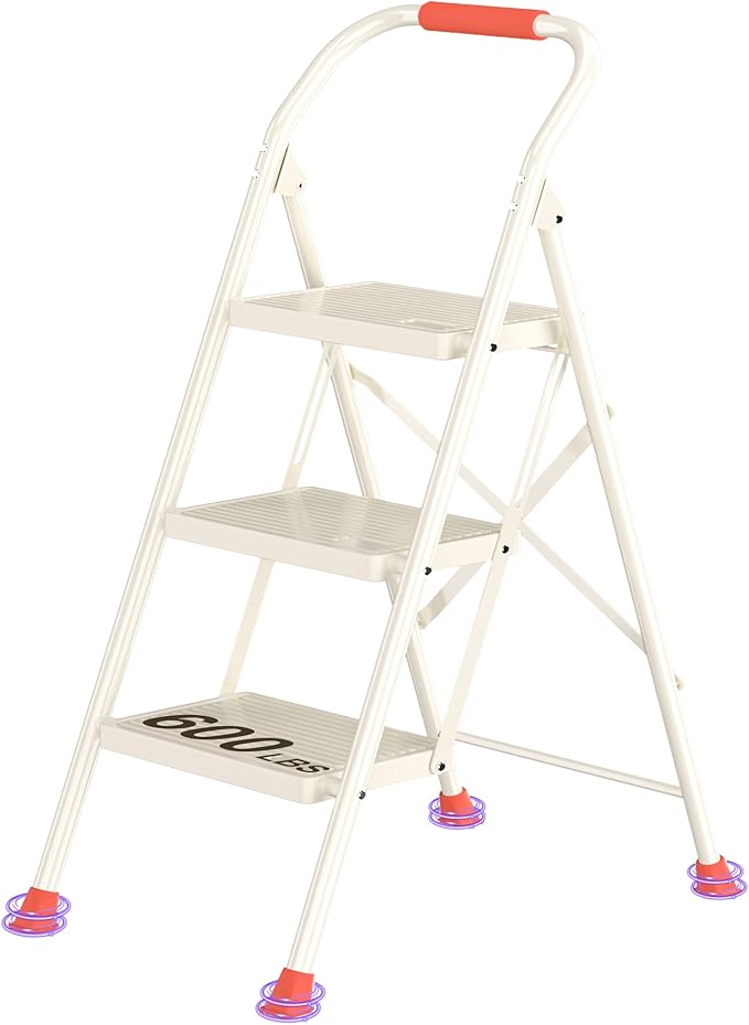 Foldable Step Ladder Folding Stool - 600Lbs Heavy Duty with Handrails for Home Adults Kitchen 3 Stepping Extension Tall - Indoor House Closet Stepstool Stair Ladders Extendable Stepladder