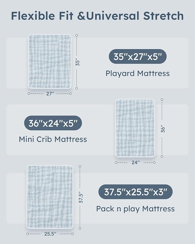 Muslin Pack and Play Sheets Fitted, 100% Cotton Mini Crib Sheets 2 Pack for Pack N Play Mattress, Stretchy Playard Sheet, Soft and Breathable Gradient Blue
