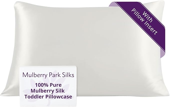 Mulberry Park 19 Momme Silk Pillowcase with Insert for Kids & Toddlers - Prevents Bed Head & Frizz, Gentle on Delicate Skin & Hair - Grade 6A Pure Mulberry Silk - 13" x 19" /Natural White