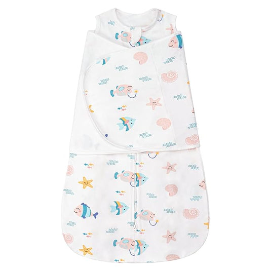 ZIGJOY Sleep Sack Swaddle 1.0 Tog Baby Wearable Blanket 100% Cotton Adjustable Silent Transition Swaddle Blanket, 0-6 Months, Ocean