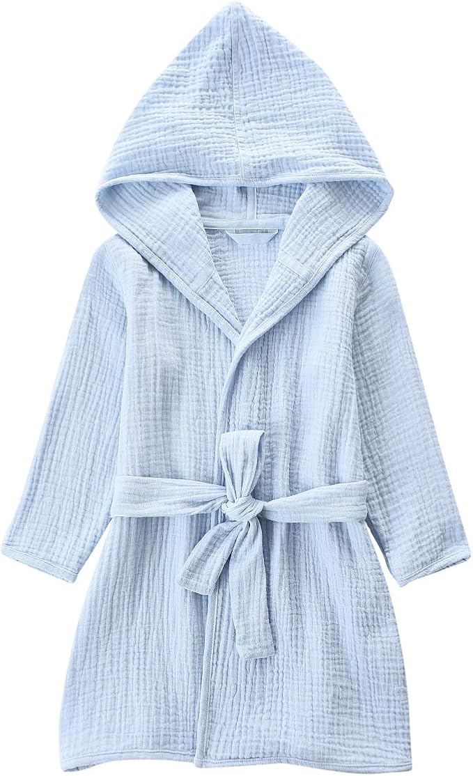 Organic Cotton Toddler Bathrobe, Soft and Breathable Baby Robe for Kid, Boy& Girl Hooded Robe Muslin