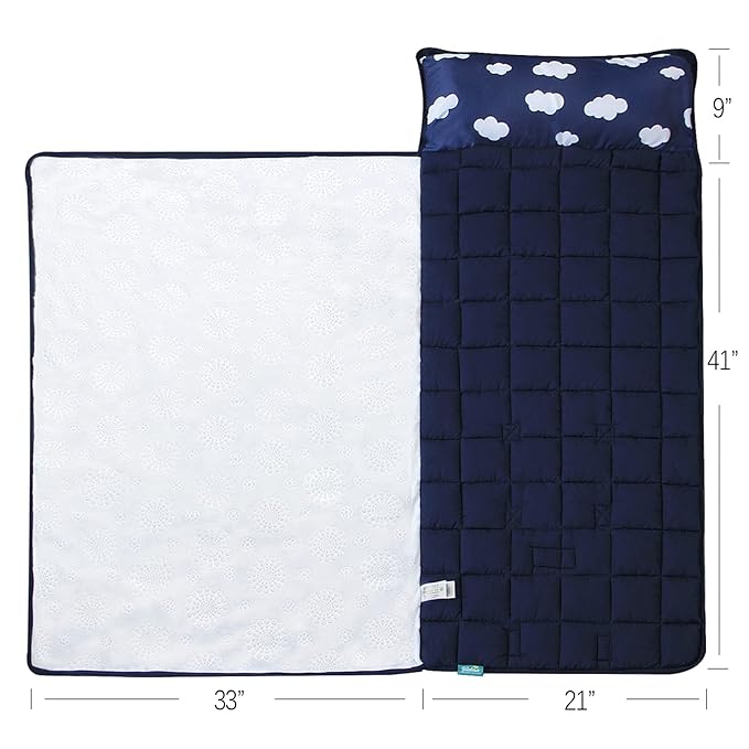 Biloban Toddler Nap Mat with Pillow and Blanket, Portable Nap Mats for Preschool Kindergarten Daycare Roll up Sleeping Bag for Kids Quilted Nap Mat, Super Soft & Cozy, Dark Blue, 50" x 21"
