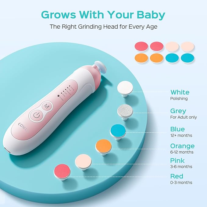 COSLUS Rechargeable Baby Nail File: Cordless Baby Nail Trimmer Electric with 5 Speeds & 6 Grinding Heads for Baby Kid, CPC Certified and Quiet Design - Safe for Sleep Trim Buffer, C52, Pink