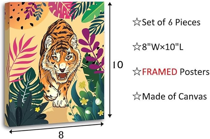 Framed Baby Safari Animal Wall Art Prints,Tropical Jungle Safari Animal Wall Art,leopard Tiger Flamingo Tiger Palm Botanical Leaves Canvas Prints for Baby Kids Room Decor Set of 6 (8"X10")