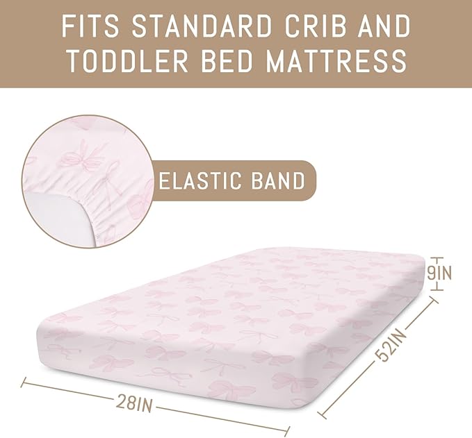 Pastel Pink Bows Baby Crib Sheets for Boys Girls Preppy Girly Ribbons Soft Snug Fitted Crib Mattress Covers for 52''x28'' Standard Crib & Toddler Mattress Cute Valentine Bows Nursery Bed Sheets
