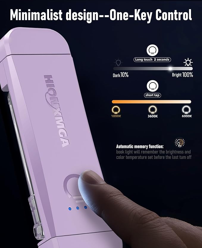 HIONXMGA Book Reading Light,Silent Touch Books Lamp for Reading in Bed,Rechargeable Clip on Booklight with 3 Amber Colors & 7 LEDs Precise Dimming for Eye Caring Night Reading,Book Lovers,Kids,Purple