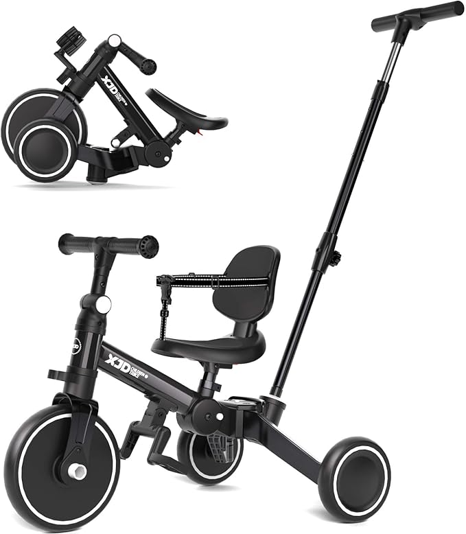 XJD Toddler Bike, 6 in 1 Folding Toddler Tricycle for 1-4 Year Old with Parental Control Handle, Balance Bike with Removable Pedal, Backrest, Adjustable Seat, First Birthday Gifts (Black)