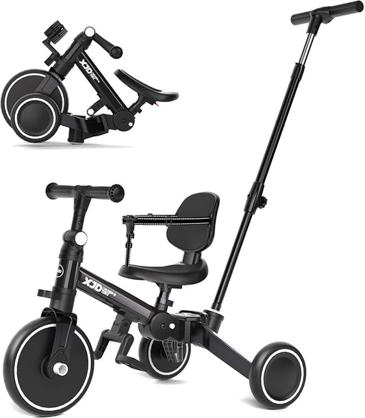 XJD Toddler Bike, 6 in 1 Folding Toddler Tricycle for 1-4 Year Old with Parental Control Handle, Balance Bike with Removable Pedal, Backrest, Adjustable Seat, First Birthday Gifts (Black)