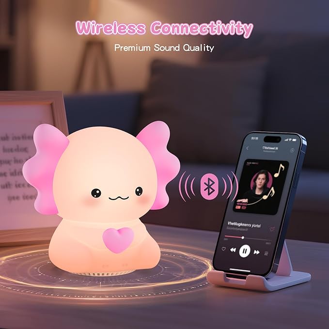 ICARER FAMILY Axolotl Night Light with Sound Machine, Pink Silicone Touch Lamp, Wireless Speaker, Remote Control, Soft Touch, Baby Room Lamp
