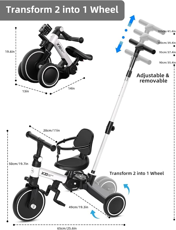 XJD Toddler Bike, 6 in 1 Folding Toddler Tricycle for 1-4 Year Old with Parental Control Handle, Balance Bike with Removable Pedal, Backrest, Adjustable Seat, First Birthday Gifts (White)