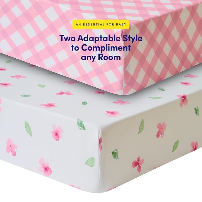 2 Pack Crib Sheets for Boys & Girls – Snug Full Elastic Fit for Standard Crib Mattresses (28″×52″) – Stylish Zoo Animals, Feathers, Gingham & Petals, Watercolor Vines Prints, Gingham & Petals