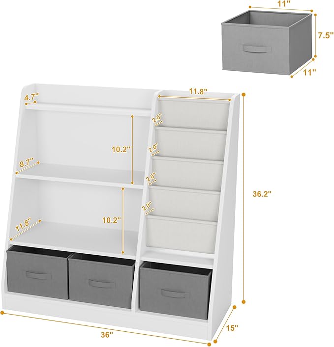 HedoAjim White Kids Bookshelf Wood Montessori Toy Storage Organizer Cabinet Shelf Child Bookcase Toddler Baby Sling Book Rack 3 Cube Bin Fabric Drawers for Playroom Bedroom Nursery School