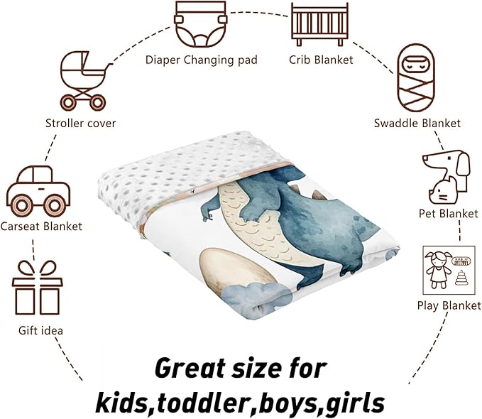 Custom Name Crib Bedding Set 3-Piece – Blue Dinosaur Design Baby Bedding Set with Personalized Soft Blanket, Fitted Sheet, Changing Pad Cover – Ideal Newborn Gift for Boys and Girls