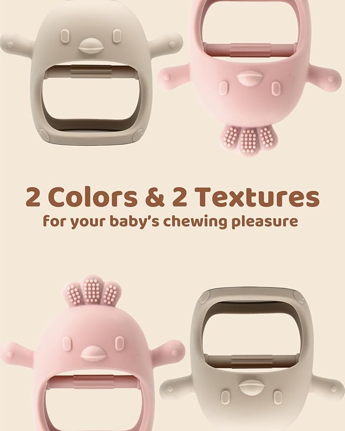 2 Packs Baby Teething Toy Silicone Teething Mitten for Babies Over 3 Months Anti Dropping Wrist Hand Teethers Baby Chew Toys for Sucking Needs, BPA Free (Pink & Caramel)