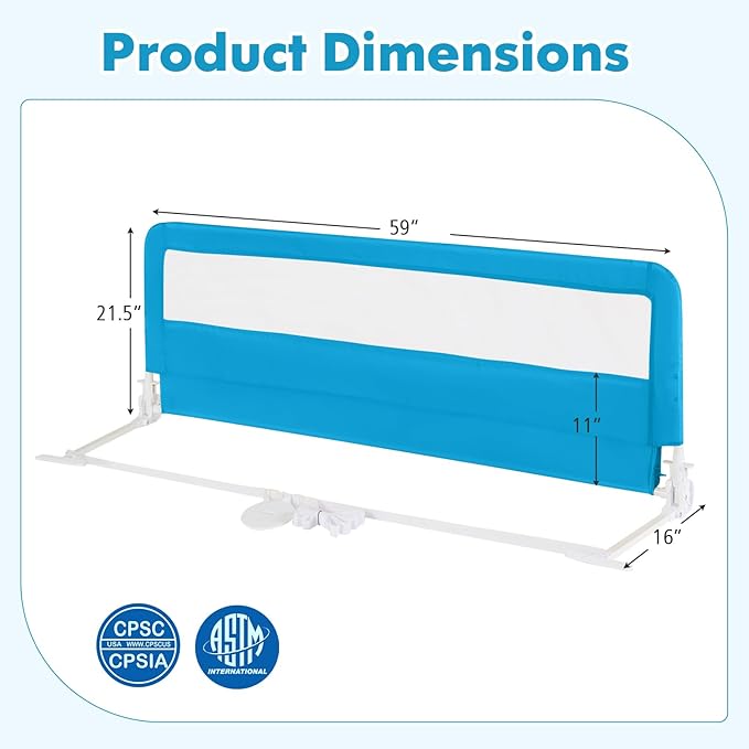 HONEY JOY Bed Rail for Toddlers, 59-in Extra Long, Portable Safety Bed Guardrail w/Double Safety Child Lock, Foldable Baby Bed Rail Guard, Fit King & Queen Full Twin Size Bed Mattress (1 Pack, Blue)