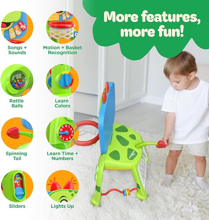 Move2Play, Dinosaur Basketball Hoop & Soccer Goal Activity Center | 30+ Sounds & Songs + 5 Lights | 1 2 3 Year Old for Boys and Girls | Toy & Gift for Baby & Toddlers