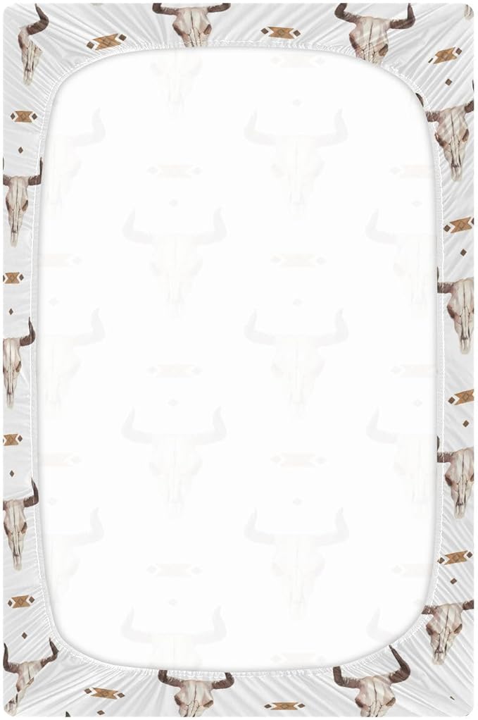 Western Bull Skull Crib Sheets Soft Breathable Fitted Baby Playard Sheets Mattress Cover for Girl Boys, 39" x 27" x 5"