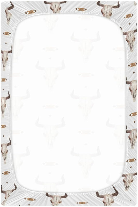 Western Bull Skull Crib Sheets Soft Breathable Fitted Baby Playard Sheets Mattress Cover for Girl Boys, 39" x 27" x 5"