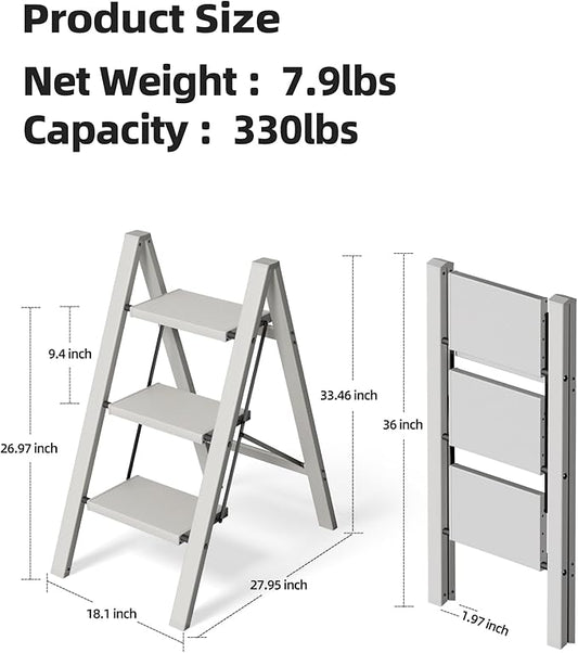 HillhutApex 3 Step Stool, Aluminum Foldable Step Ladder, Lightweight Stable Stool with Wide Non-Slip Pedals, 330lbs Bearing Capacity Ladder for Office,Home,Kitchen - Grey