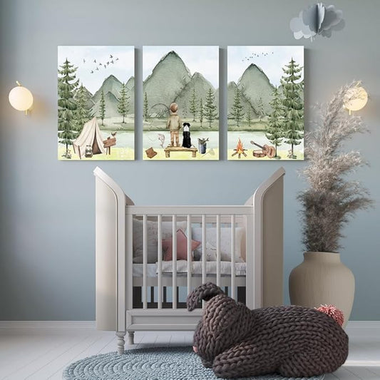 Fishing Nursery Wall Art, Boys With Dog Fishing Wall Decor, Woodland Camping Nursery Decor, Mountain Forest Wall Art, Outdoor Adventure Nature Print for Boy Room Decor, Framed Set of 3, 12"x16"x3