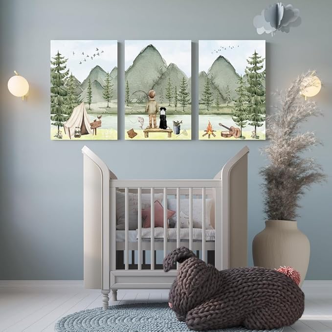 Fishing Nursery Wall Art, Boys With Dog Fishing Wall Decor, Woodland Camping Nursery Decor, Mountain Forest Wall Art, Outdoor Adventure Nature Print for Boy Room Decor, Framed Set of 3, 16"x24"x3