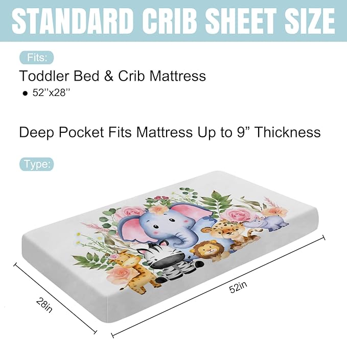 Baby Jungle Safari Animals Tropical Leaves Flowers Baby Crib Sheets 52''x28'' Stretchy Fitted Crib Mattress Sheet for Boy Girl Nursery Baby Crib Sheets for Standard Crib and Toddler Mattress