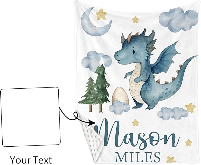 Custom Baby Crib Bedding Set,Personalized Name Blue Dinosaur Pattern Nursery Bed Set 4 Piece,Baby Blanket Fitted Sheet Nursery Rug Wall Art Set,Custom Room Decor Idea Gift for Newborns Boys Girls