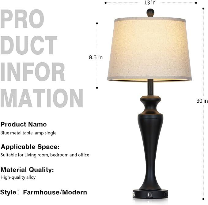 luxeflow 30" Black Table Lamps Set of 2, Touch Control Tall Living Room Lamp with USB A+C Ports and AC Outlet, 3-Way Dimmable Bedside Lamps for Nightstand, Modern Metal Bedroom Lamp, 2 Bulbs Included