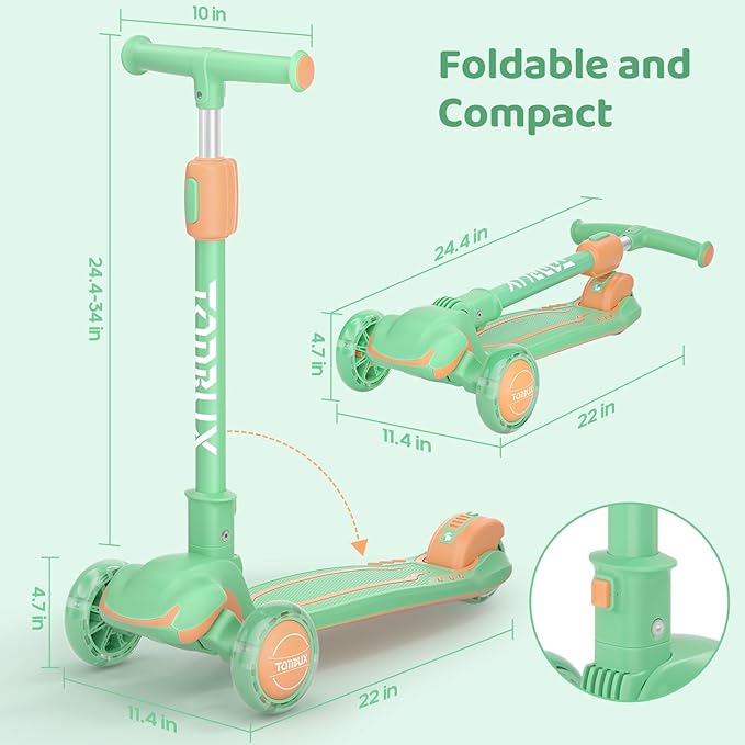 TONBUX Kids Scooter, Light Up 3 Wheel Kick Scooters for Kids 3-12, Folding Scooters with Adjustable Height - Toddler Scooter Lean-to-Steer & Widen Anti-Slip Deck