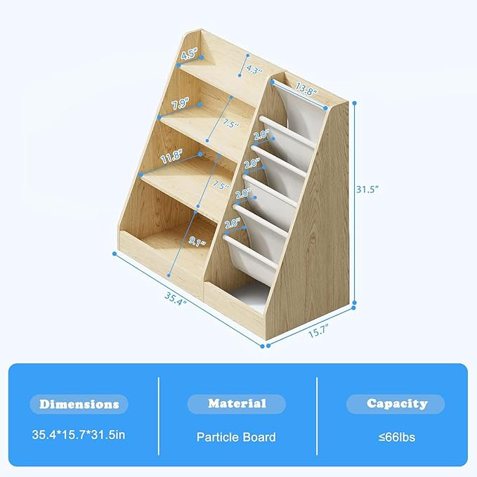 HedoAjim 4 Tier Kids Wooden Bookshelf,Five Layer Sling Children Bookcase,Baby Storage Book Rack,Book and Toy Organizer Cabinet Chest,Book Display Shelf,Playroom Nursery Classroom Library