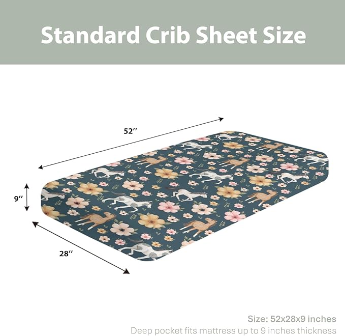 Watercolor Horse Floral Baby Crib Sheets for Boy Girl 52"x28" Running Horses Boho Flowers Soft Snug Fitted Crib Mattress Cover Wild Animals Baby Sheet for Standard Crib & Toddler Bed Mattress Navy